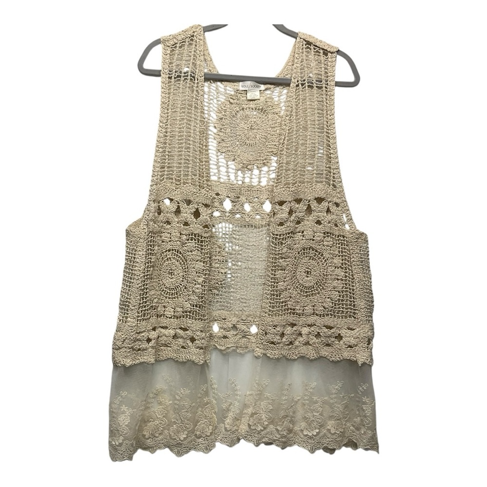 Sole/Society Boho Beach Floral Pattern Crochet Vest with Lace trim OS Bohemian